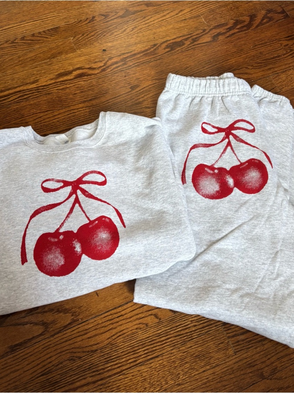 Light Gray Sweatshirt and Sweatpants with Cherry Print